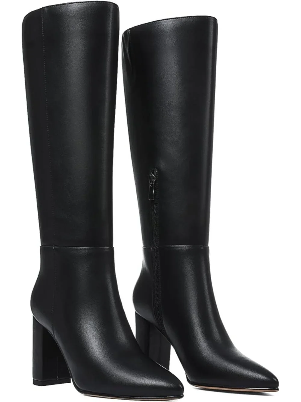 Women's Black Matte Chunky Heel Pointed Toe Non Slip Side Zipper Knee High Boots
